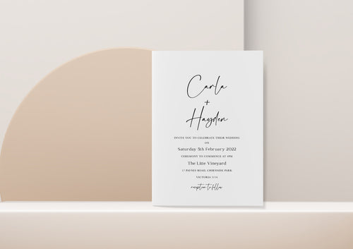 Wedding Invitation with neutral colours in the background. Melbourne Wedding Invitations. Made in Australia. Simple Wedding Invitation Design Suite. 