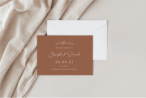 Simple Save the Date Card Design with white writing on a brownish coloured background 