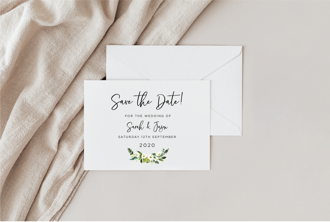 White Floral Save the Date Card